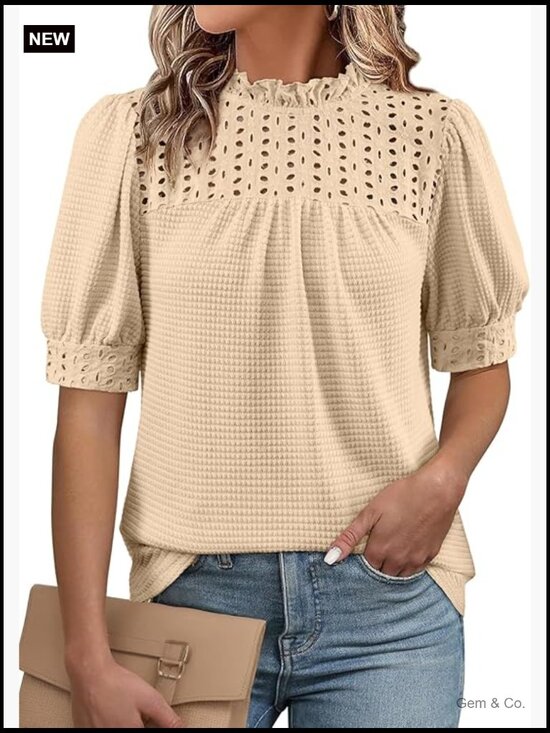 Tops - Waffle Knit Frill Trim Mock Neck Puff Sleeve Blouse Top